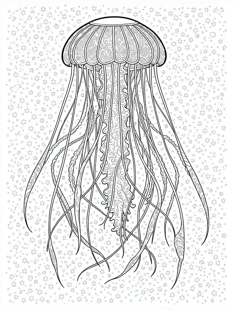 A black and white line drawing of a jellyfish with intricate patterns on its bell and tentacles, set against a background of stars and dots.