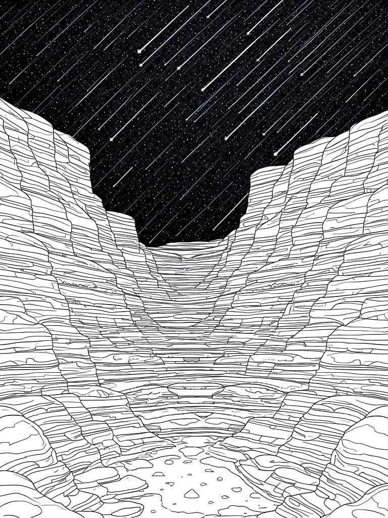 Line drawing of stratified canyon cliffs beneath starry sky with meteors.