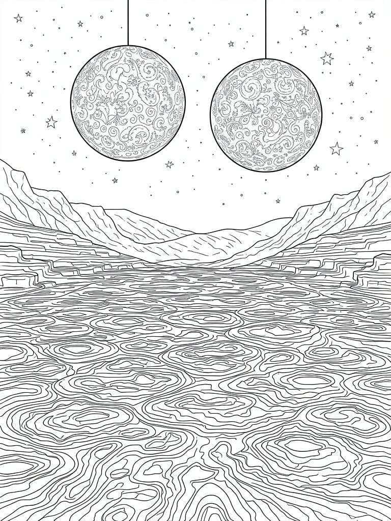 Two patterned spheres hang above starry mountains and rippled foreground in line art.