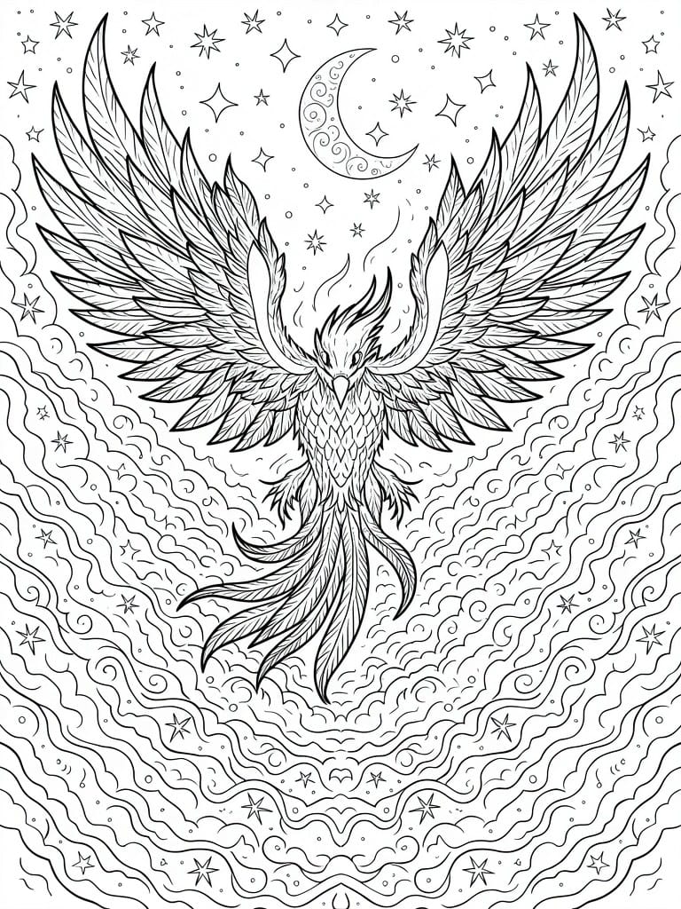 Intricate black-and-white line drawing of a phoenix with outstretched wings amid stars and crescent moon.
