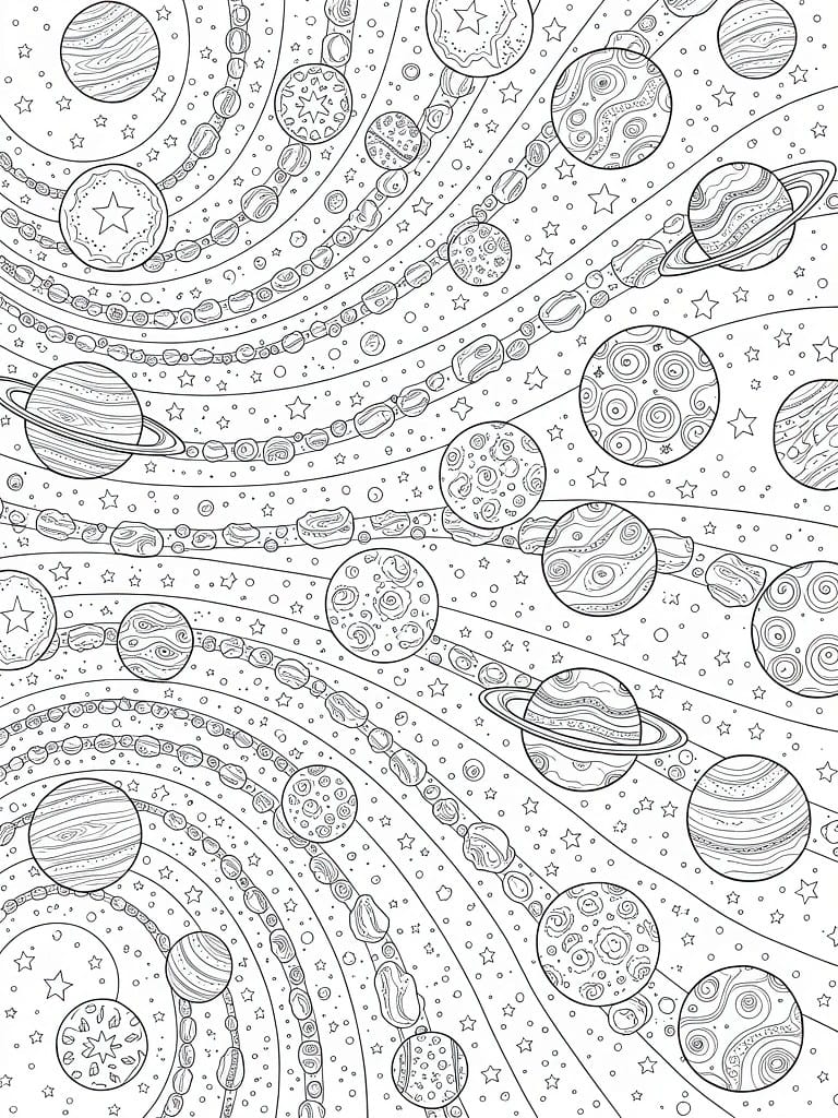 A black and white coloring page showing planets of various sizes with rings and surface patterns arranged along curved bands with stars and dotted lines filling the spaces.