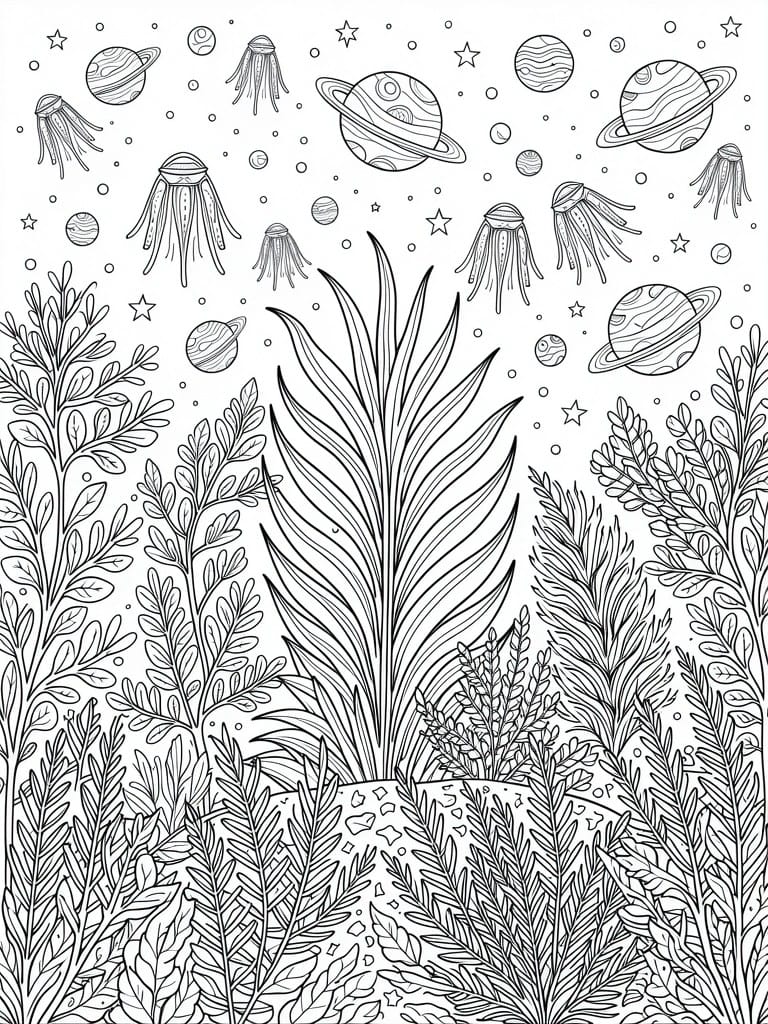 Coloring page with planets, stars, jellyfish, and lush aquatic plants in line art.