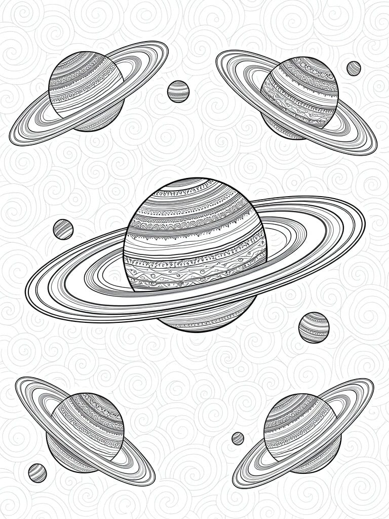 A black and white coloring page showing five Saturn like planets with rings and moons placed at different spots on a background of spiral patterns.