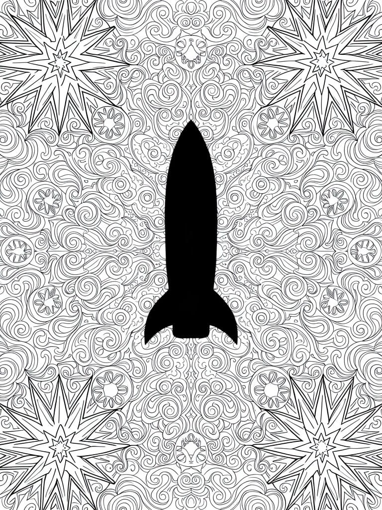 Black rocket silhouette on intricate swirling mandala and star patterns.