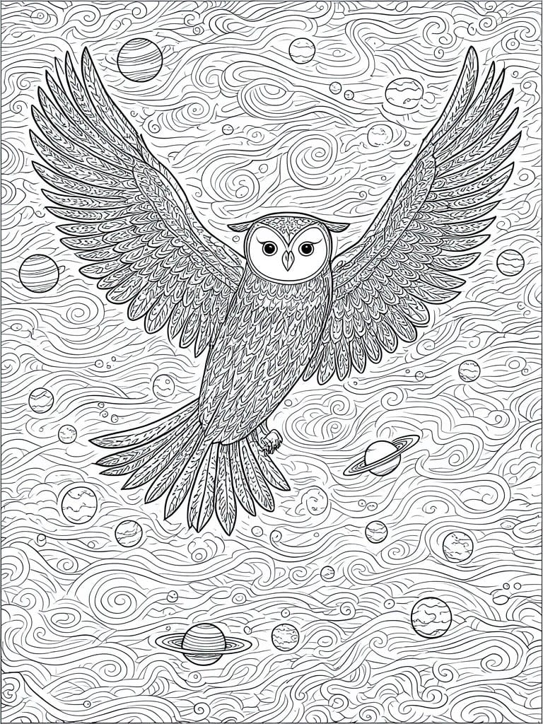 A coloring page shows an owl with spread wings flying among planets and swirling line patterns.