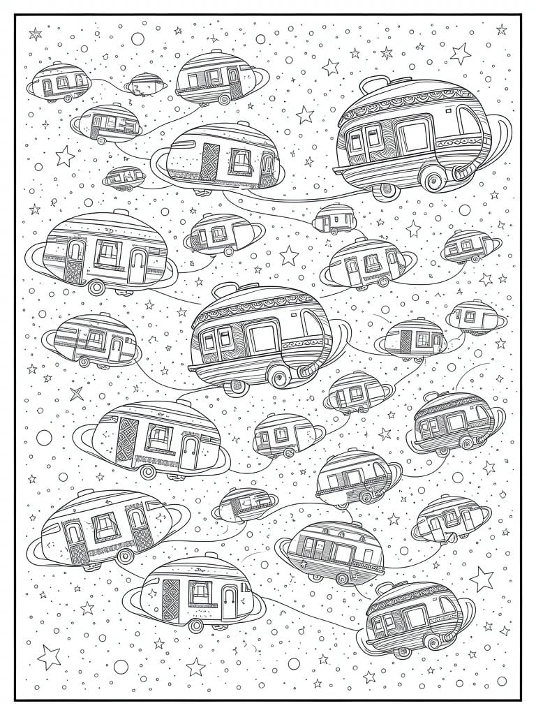 A coloring page showing many different camper trailers floating in space with stars and orbital rings around them.