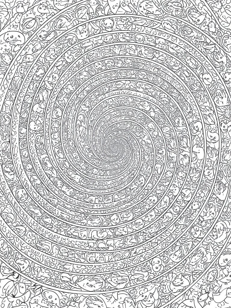 A black and white coloring page shows a spiral vortex made of many small cartoon alien figures arranged in concentric rings.