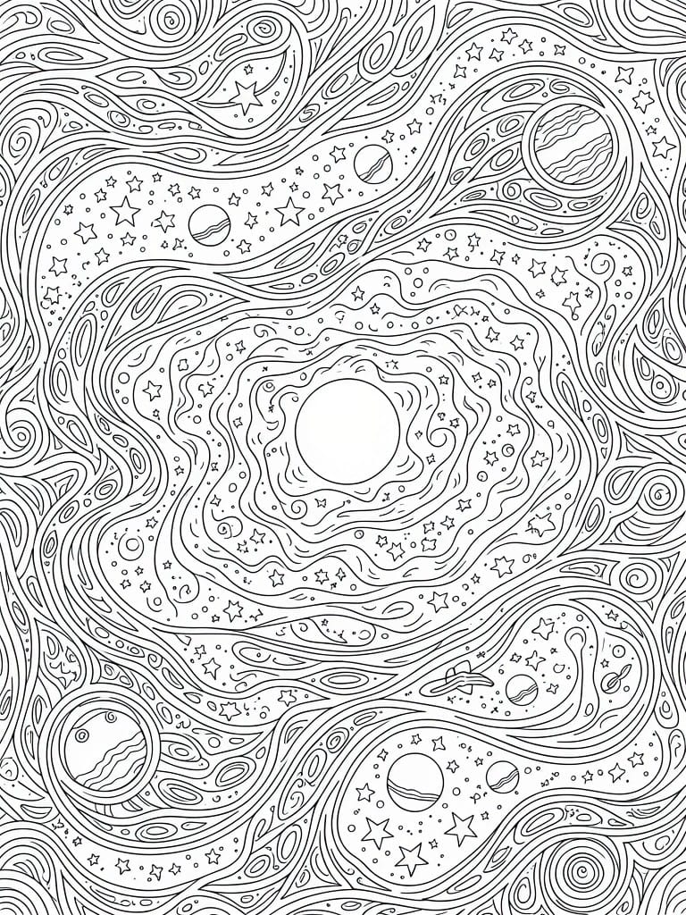 Black and white coloring page with planets, stars, and swirling cosmic line patterns.