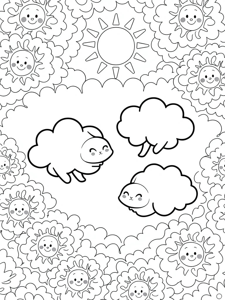 Coloring page with smiling suns and cute cloud-shaped bunnies.