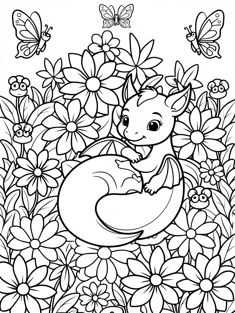 Cute smiling dragon curled among flowers with butterflies in coloring page style