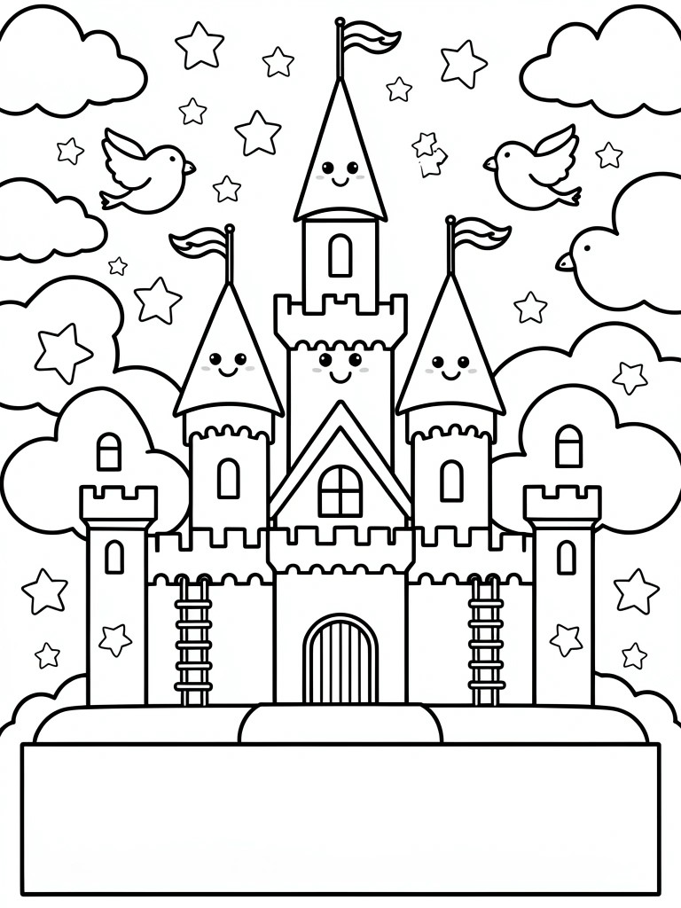 A black and white line drawing of a cute castle with smiling towers, birds, stars, and clouds, with a blank rectangle at the bottom.