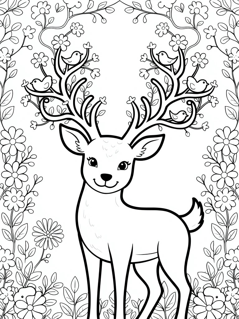 A black and white line drawing of a standing deer with antlers holding small birds and flowers, framed by vines and large blooms.