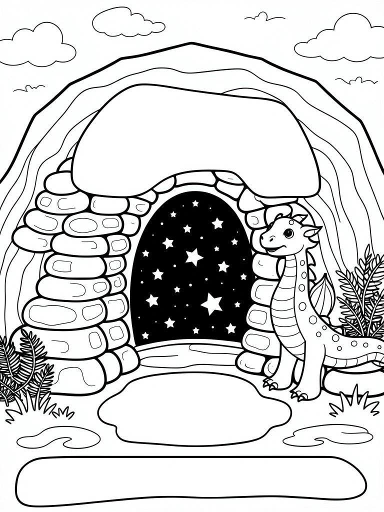 A black and white line drawing of a small dragon next to a stone cave arch filled with stars, with rocks, plants, and a blank banner below.
