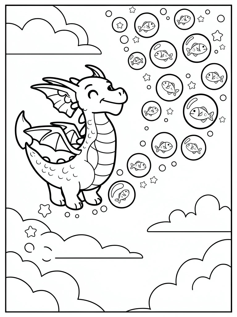 A line drawing of a dragon standing on clouds with bubbles containing fish and stars floating above.