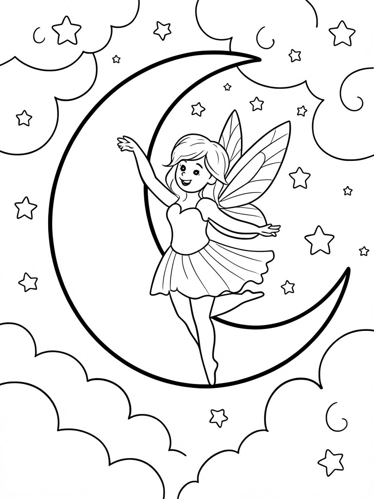 Smiling fairy with wings on crescent moon amid stars and clouds in line art