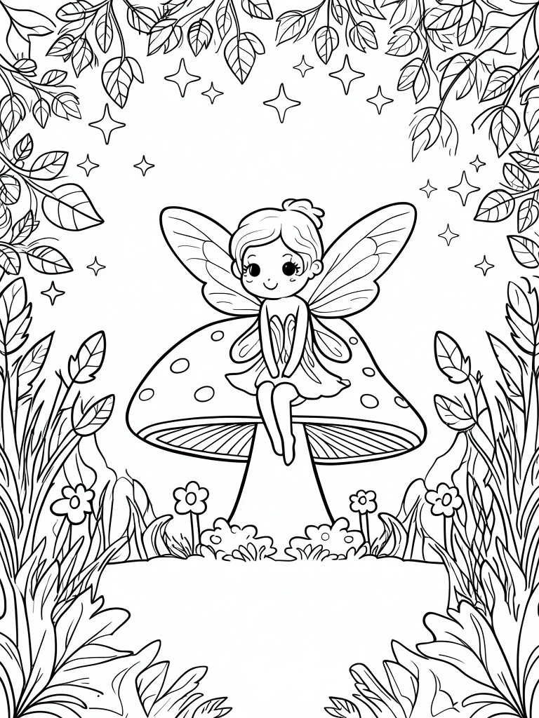 A black and white line drawing of a fairy with wings sitting on a spotted mushroom surrounded by leaves, flowers, and stars.