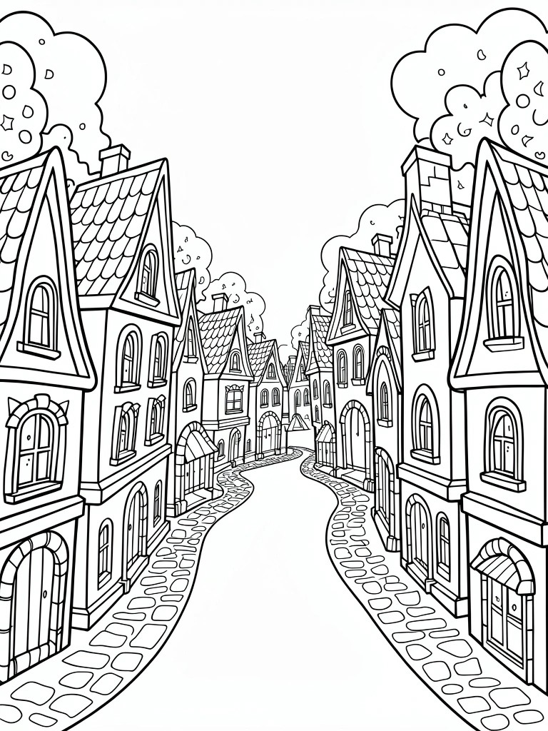 Whimsical line drawing of cobblestone street winding between tall fantasy houses with pointed roofs.