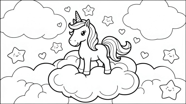 A black and white line drawing of a cute unicorn standing on a cloud, surrounded by stars and hearts.