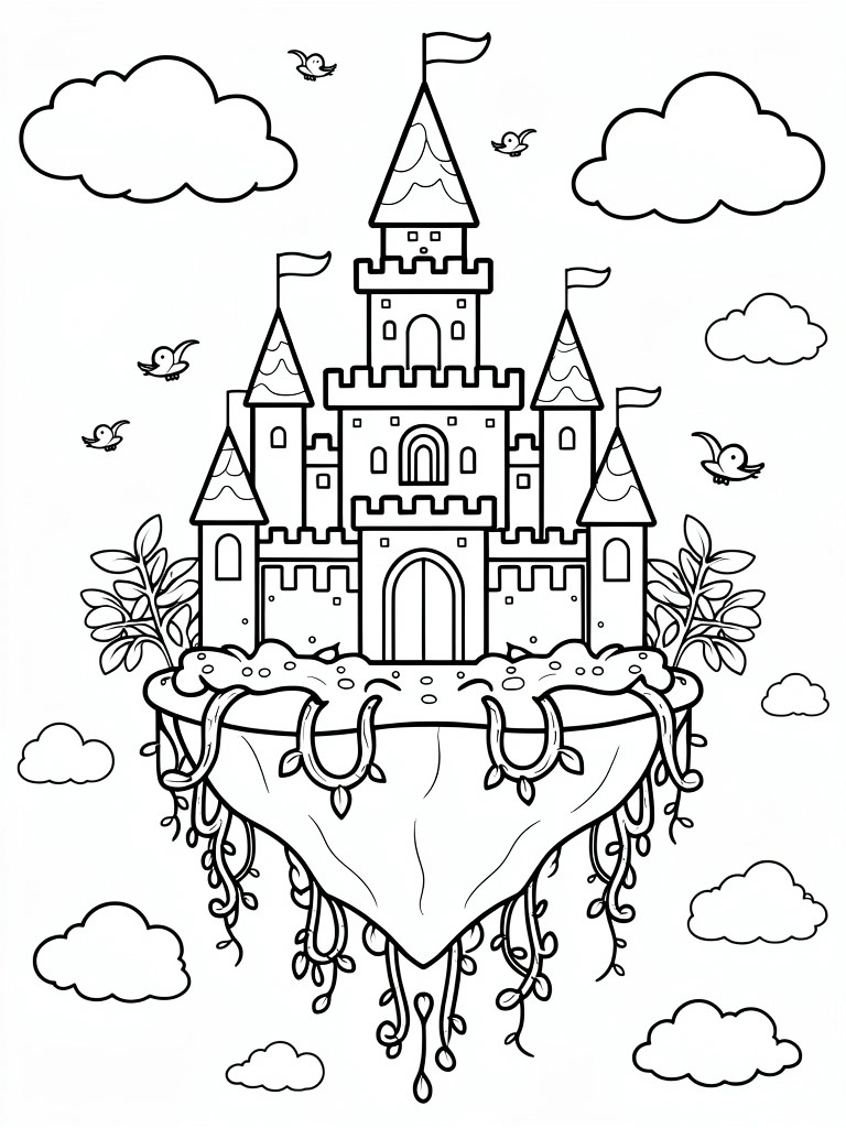 A black and white line drawing of a fantasy castle on a floating island with hanging roots, surrounded by clouds and birds.