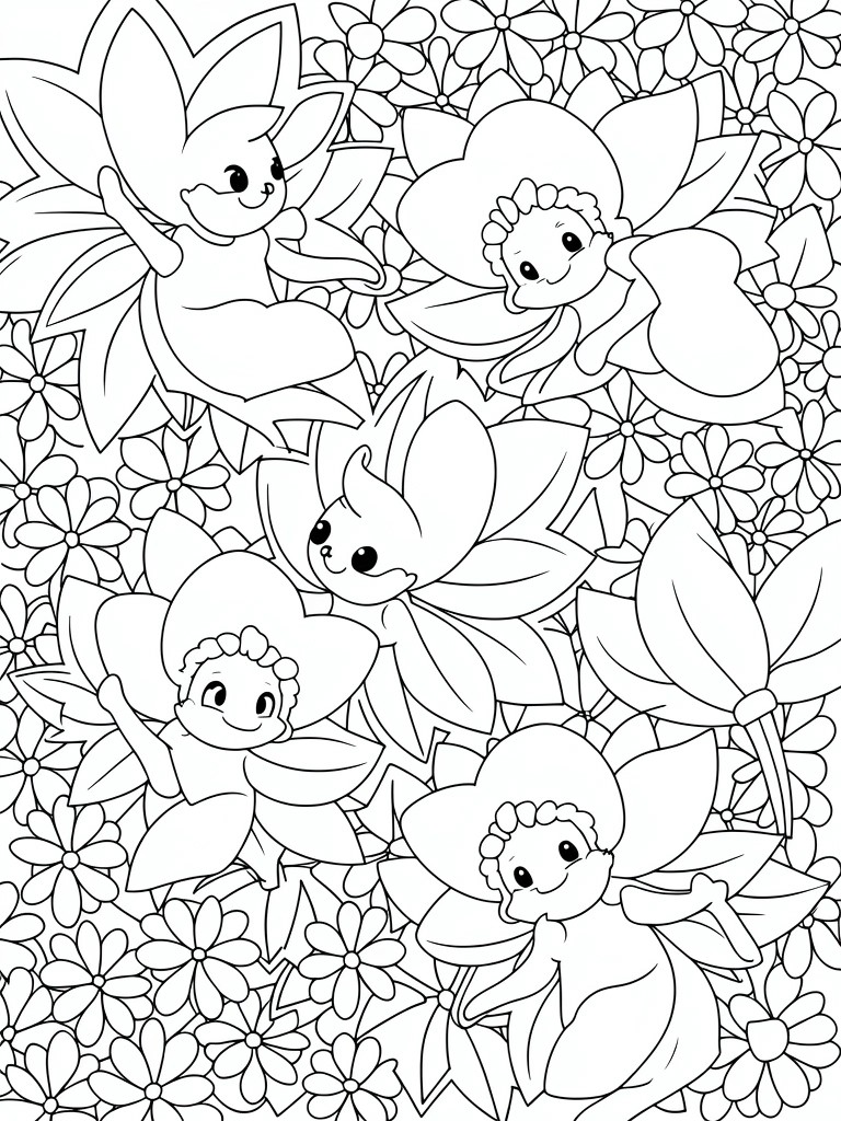 Five smiling fairies with flower petal wings amid daisies in coloring page