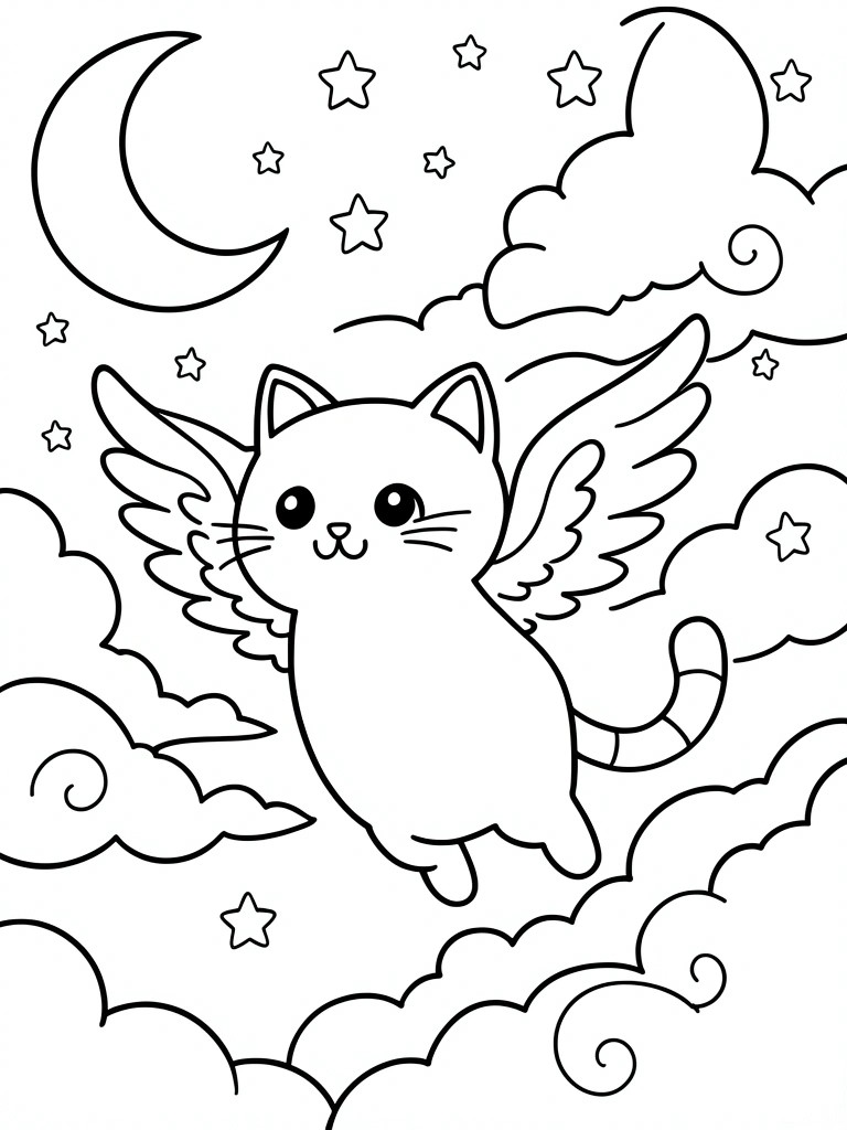 Winged cartoon cat flying amid clouds, stars, and crescent moons at night.