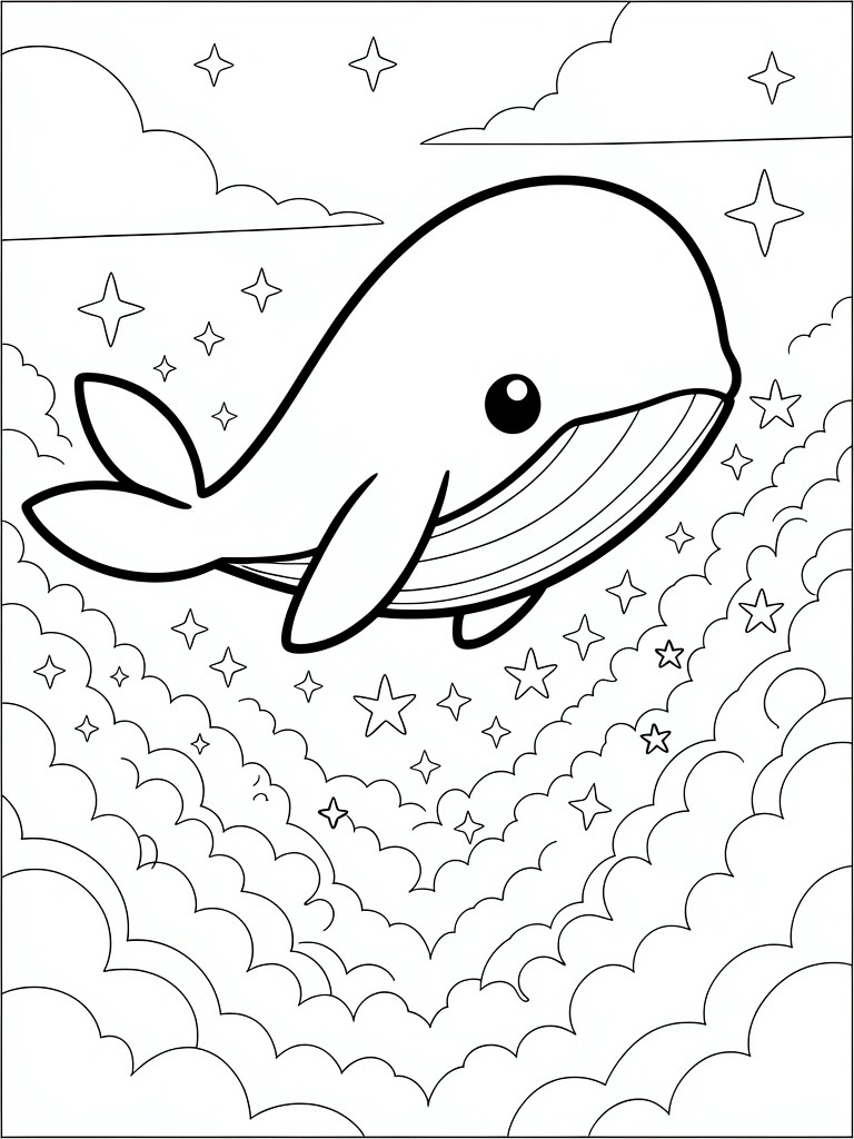 Cartoon whale swimming among stars and clouds in black-and-white coloring page