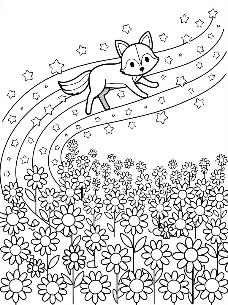 Cartoon fox leaping on starry rainbow path above field of flowers