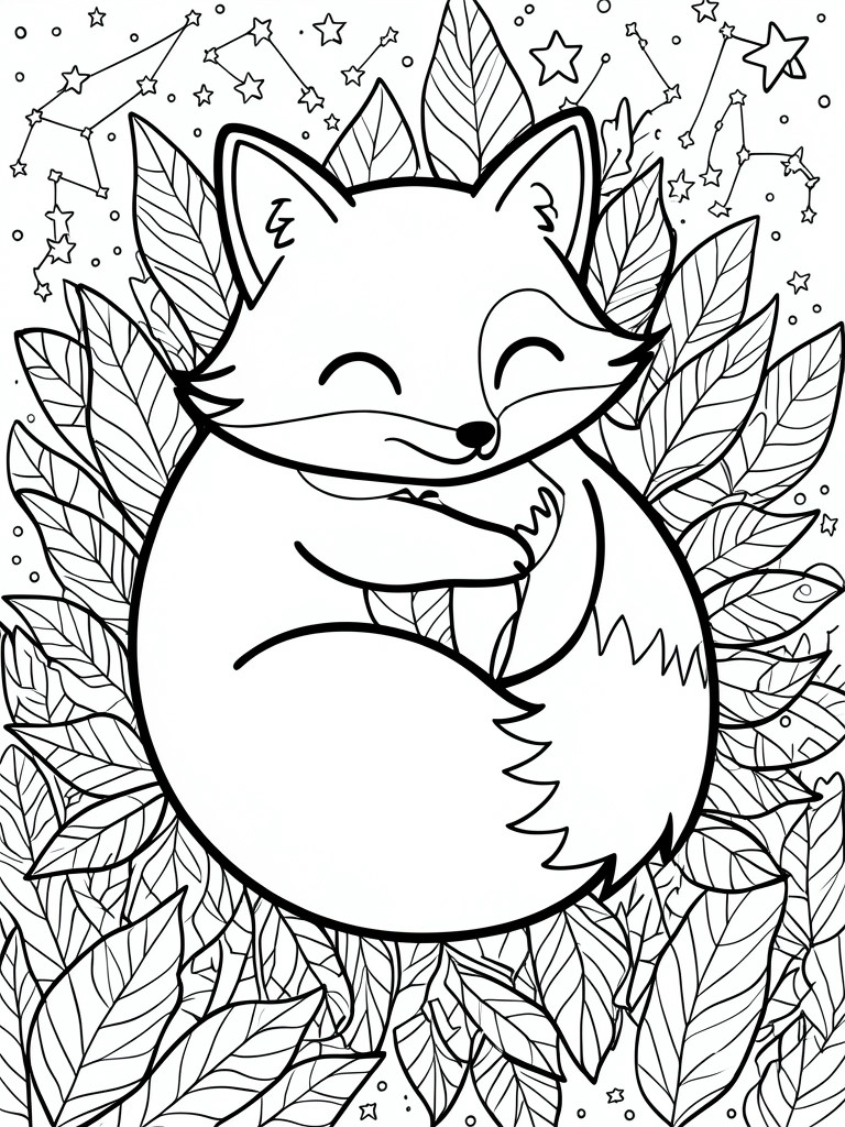 Smiling fox curled among leaves with stars and constellations in night sky