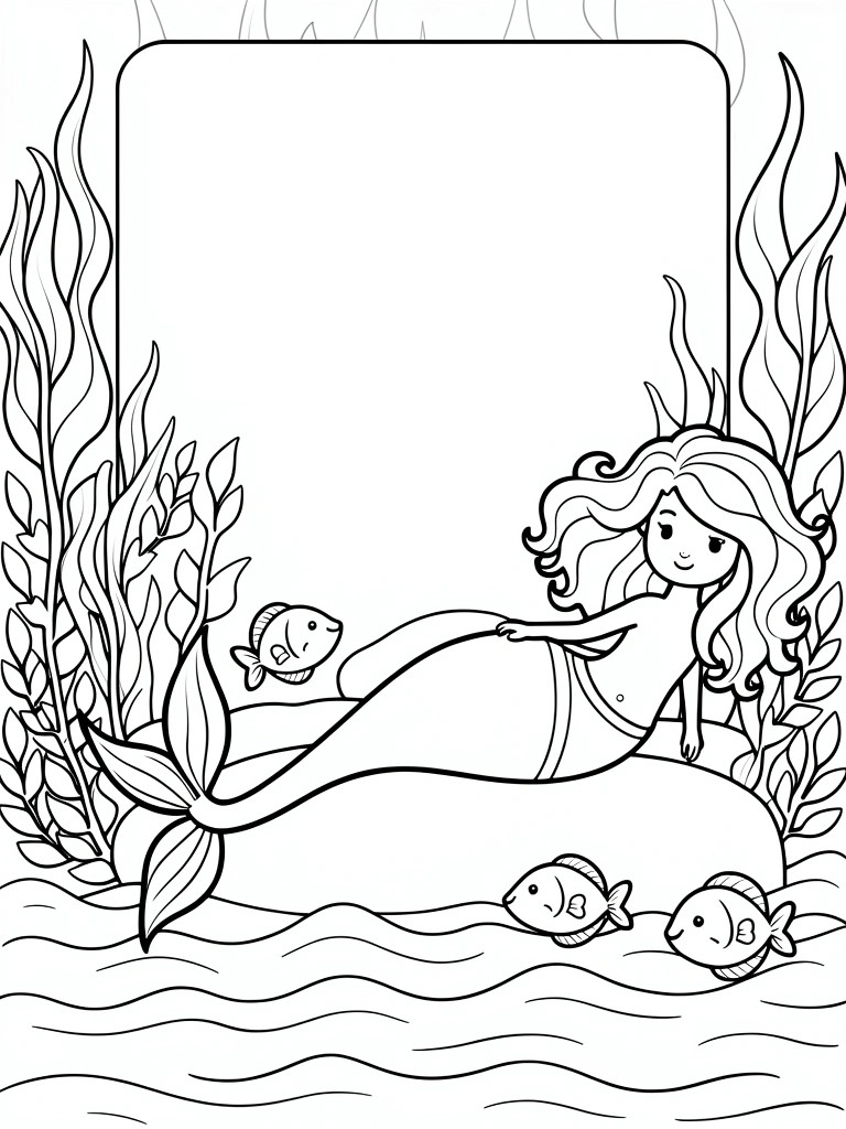 Coloring page of smiling mermaid on rock with fish, seaweed, and blank frame above