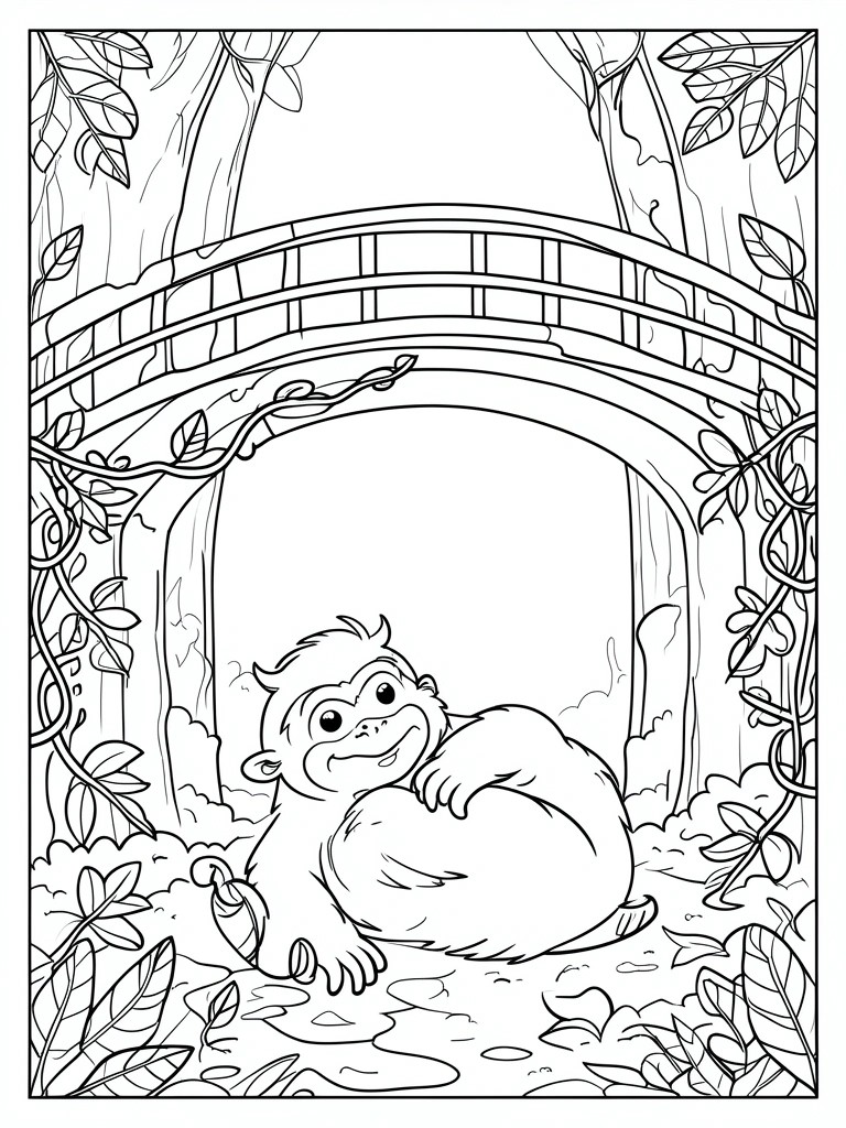 A black and white coloring page shows a monkey sitting under a stone bridge in a forest with vines, leaves, and puddles.