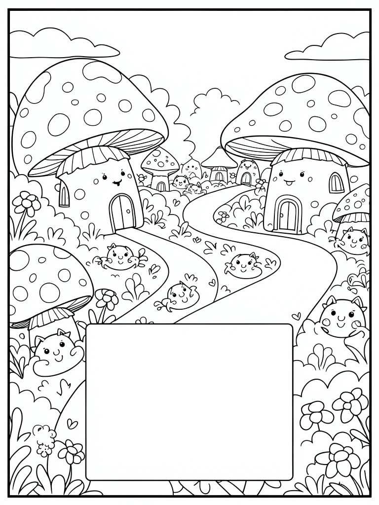 Whimsical line art of mushroom houses, cute creatures, winding path, flowers, and blank rectangle.