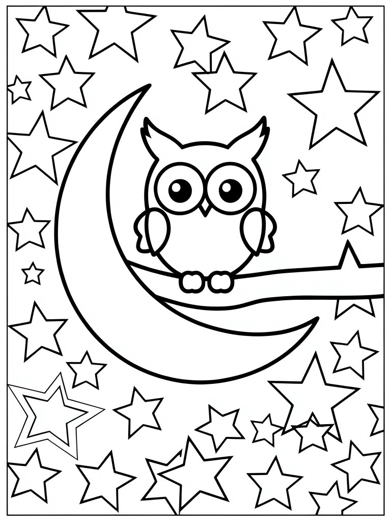 A coloring page with an owl sitting on a crescent moon and stars scattered around it.