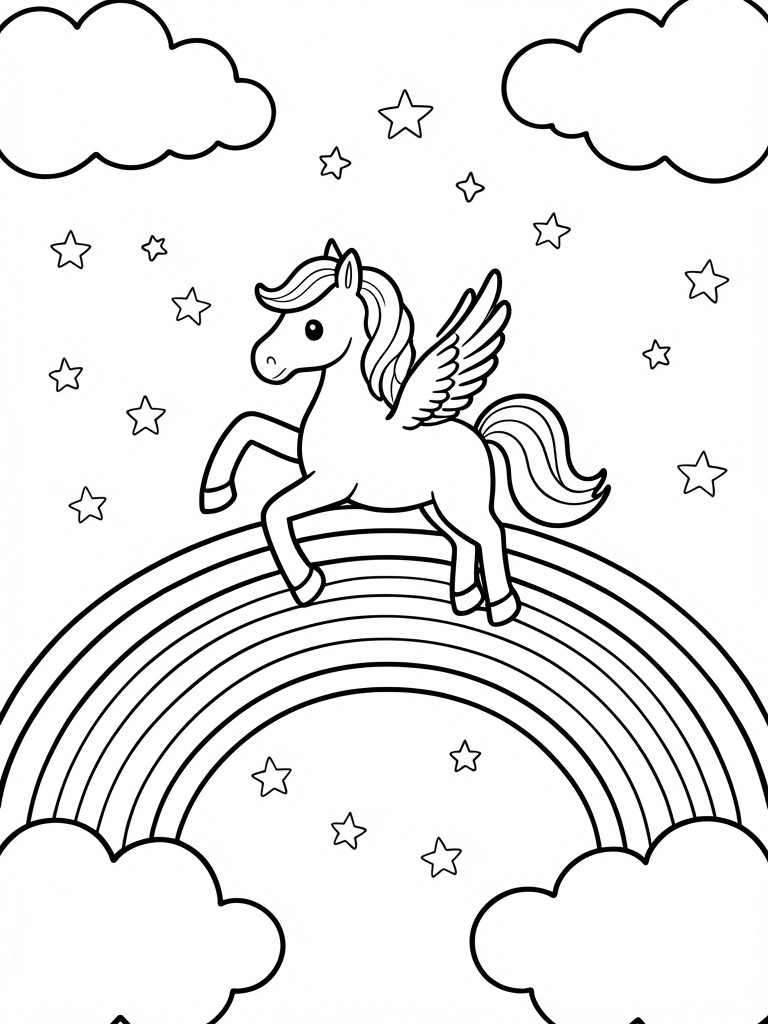 A black and white line drawing of a winged unicorn running on a rainbow with stars and clouds.