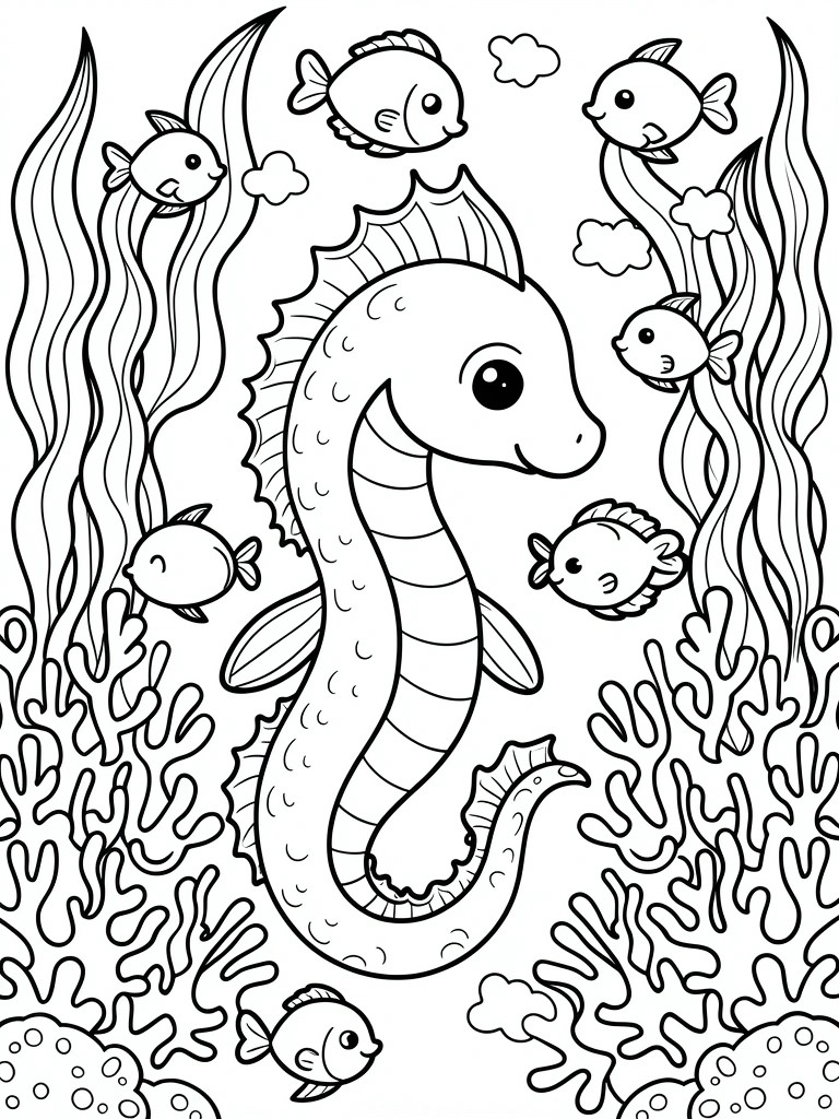 A black and white line drawing of a large seahorse surrounded by small fish, seaweed, and coral in an underwater scene.