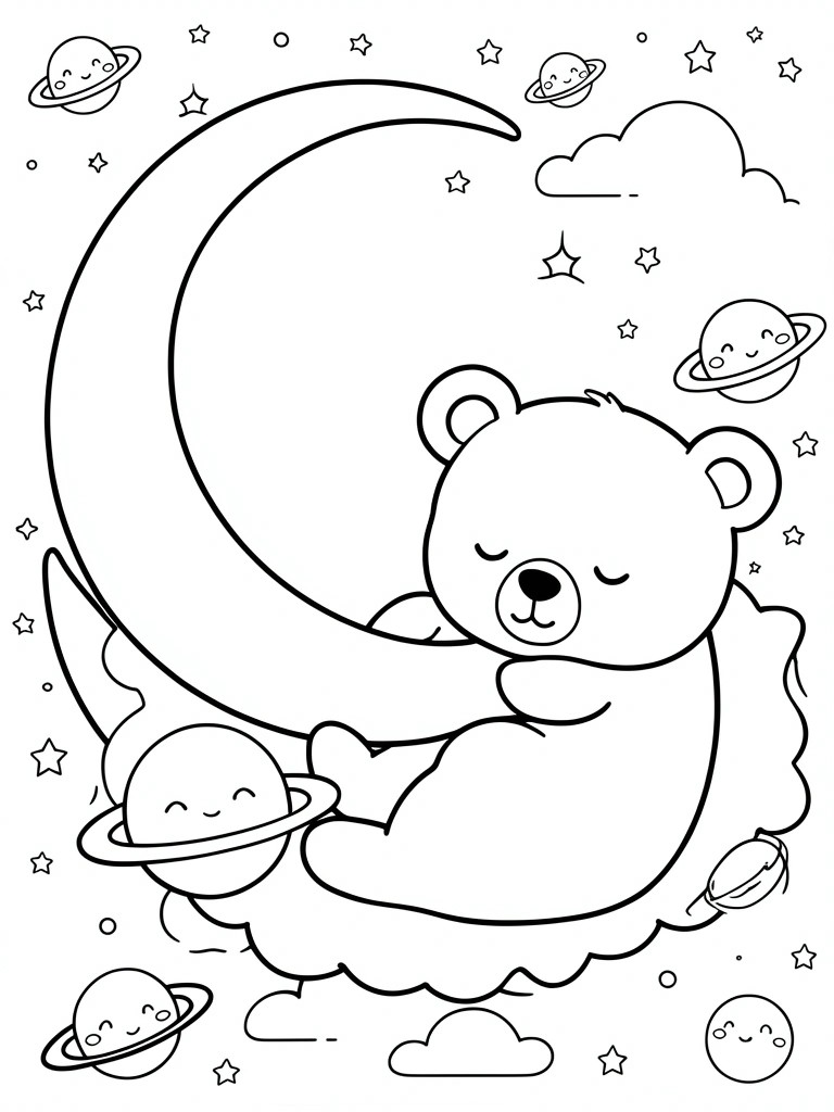Cute cartoon bear sleeping on cloud with crescent moon, stars, and planets.