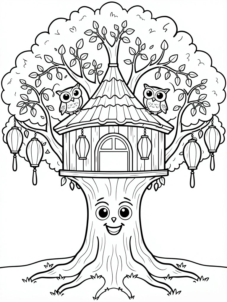 Smiling tree with treehouse, two owls, and hanging lanterns in line art.