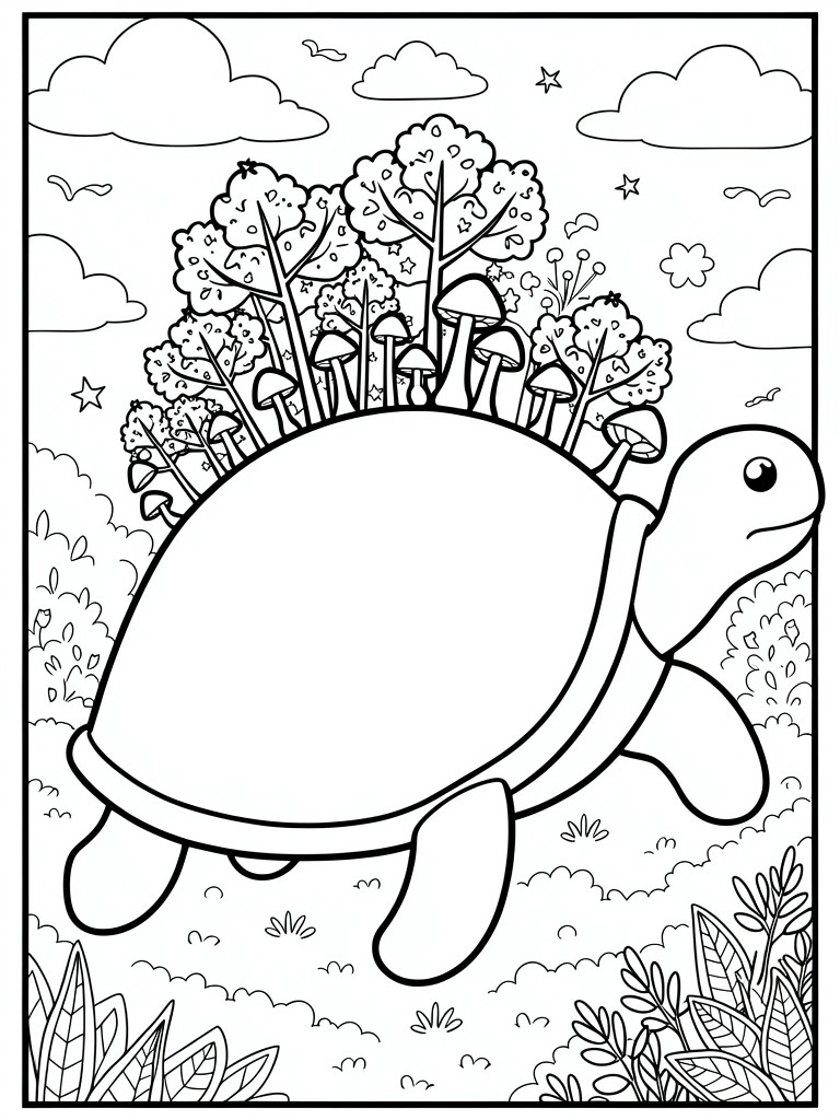 Coloring page of turtle with forest, trees and mushrooms on its shell.