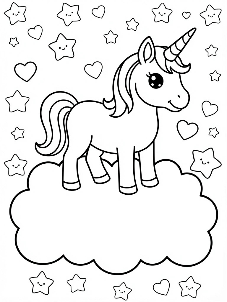 A black and white line drawing of a cute unicorn standing on a cloud, surrounded by stars and hearts.