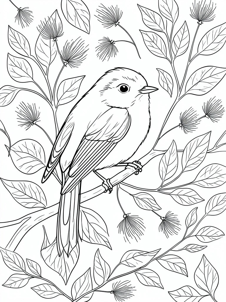 A black and white line drawing shows a small bird perched on a branch surrounded by many leaves and fluffy seed heads on thin stems.