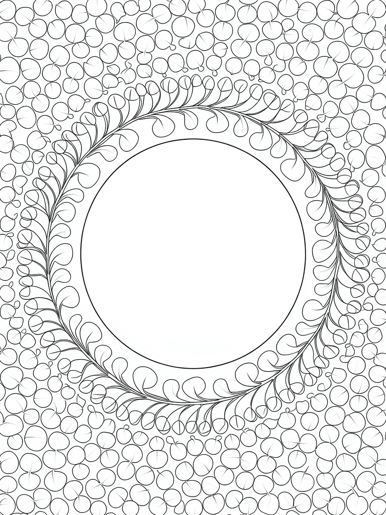 Black and white line art of circular wreath with leafy vines and dots