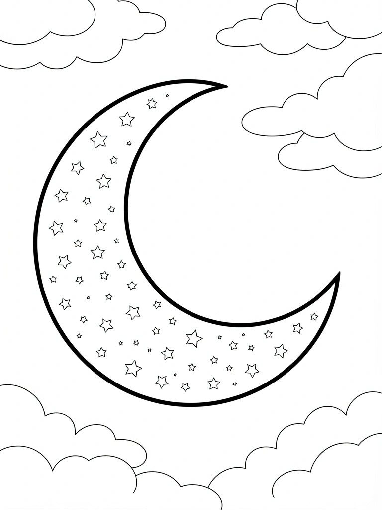 Crescent moon with stars and clouds in simple line art night sky