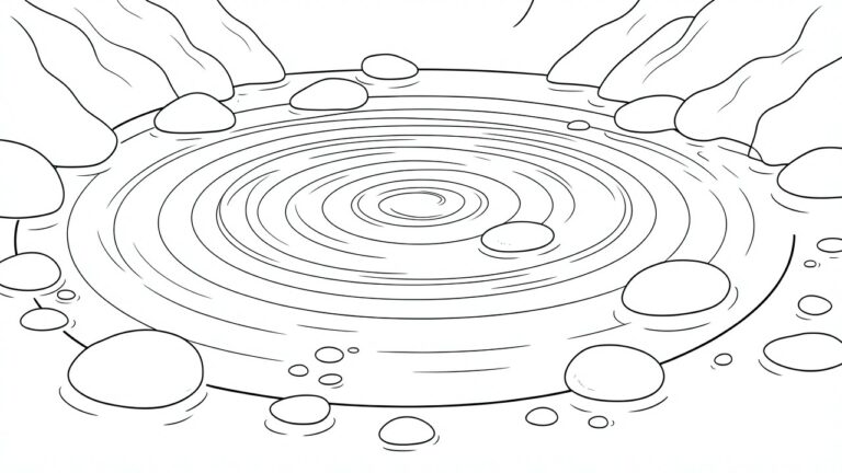 24 Minimal Coloring Pages for a Clean and Peaceful Vibe Black and white line drawing of rippling pond with rocks and hills.