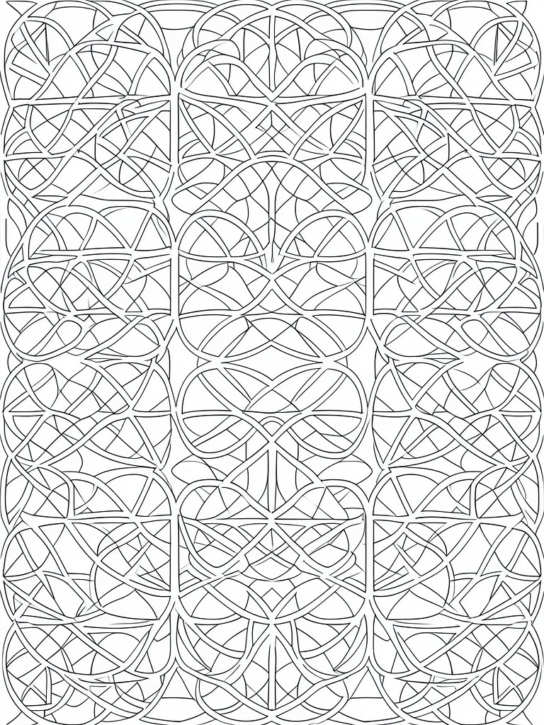 A black and white coloring page filled with a grid of intricate interlocking loops and curved abstract knots.