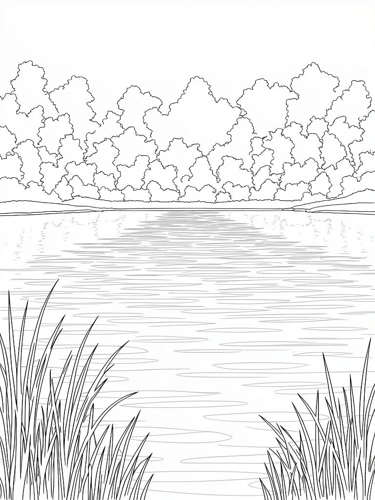 Black and white line drawing of a lake with foreground reeds, rippled water, and a tree line in the background.