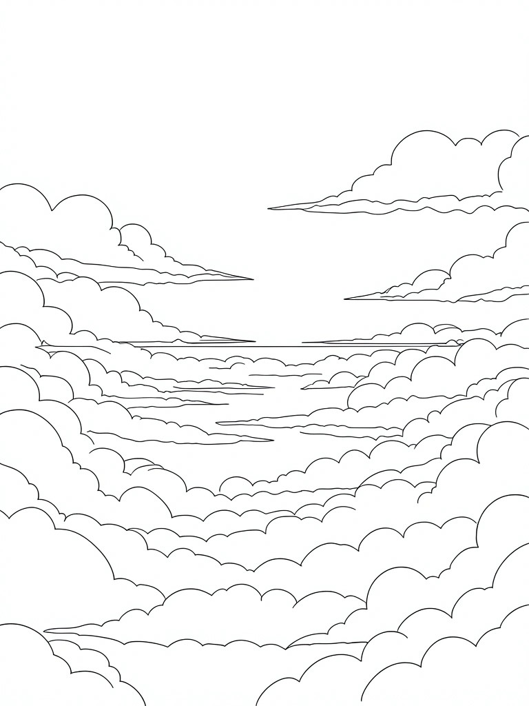 Black and white line drawing of layered clouds filling the sky.