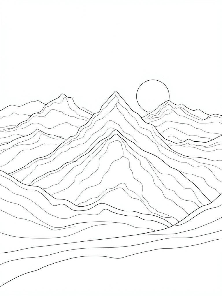 Black line art of layered mountain ridges with sun above