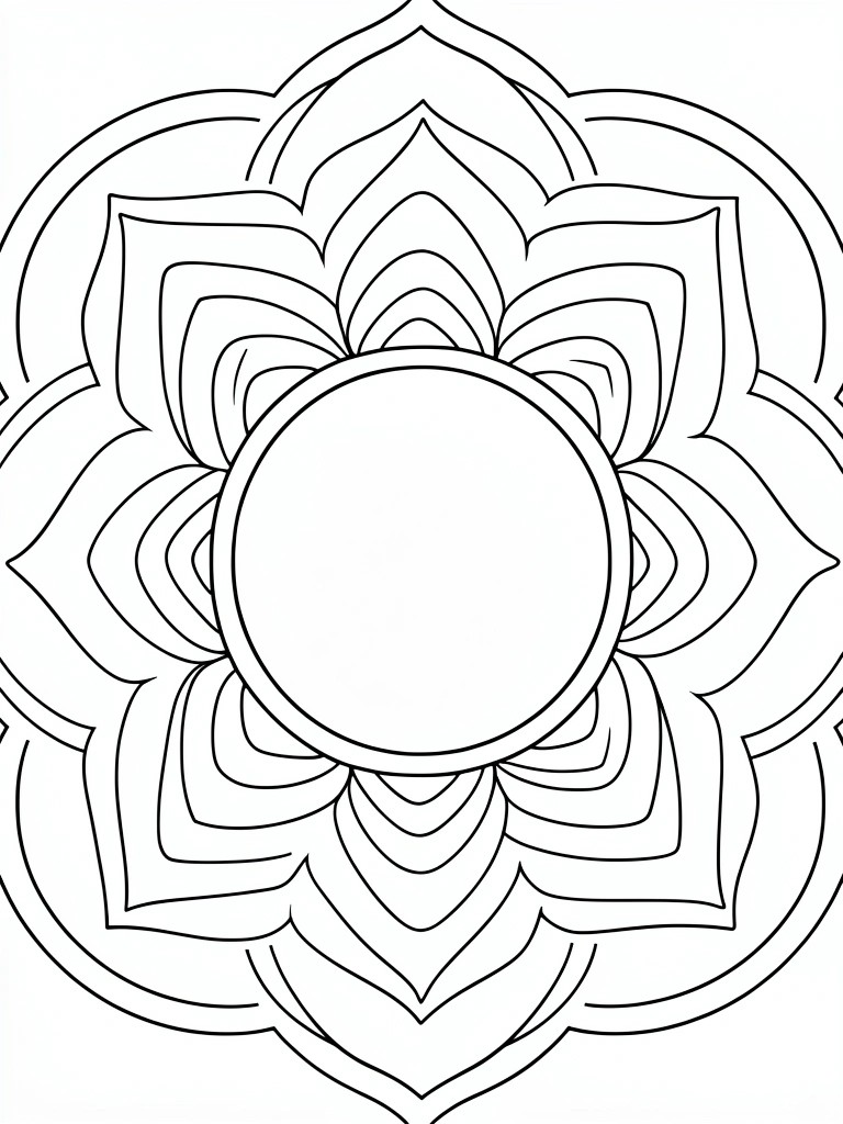 Symmetrical black and white mandala with layered floral petals and blank center