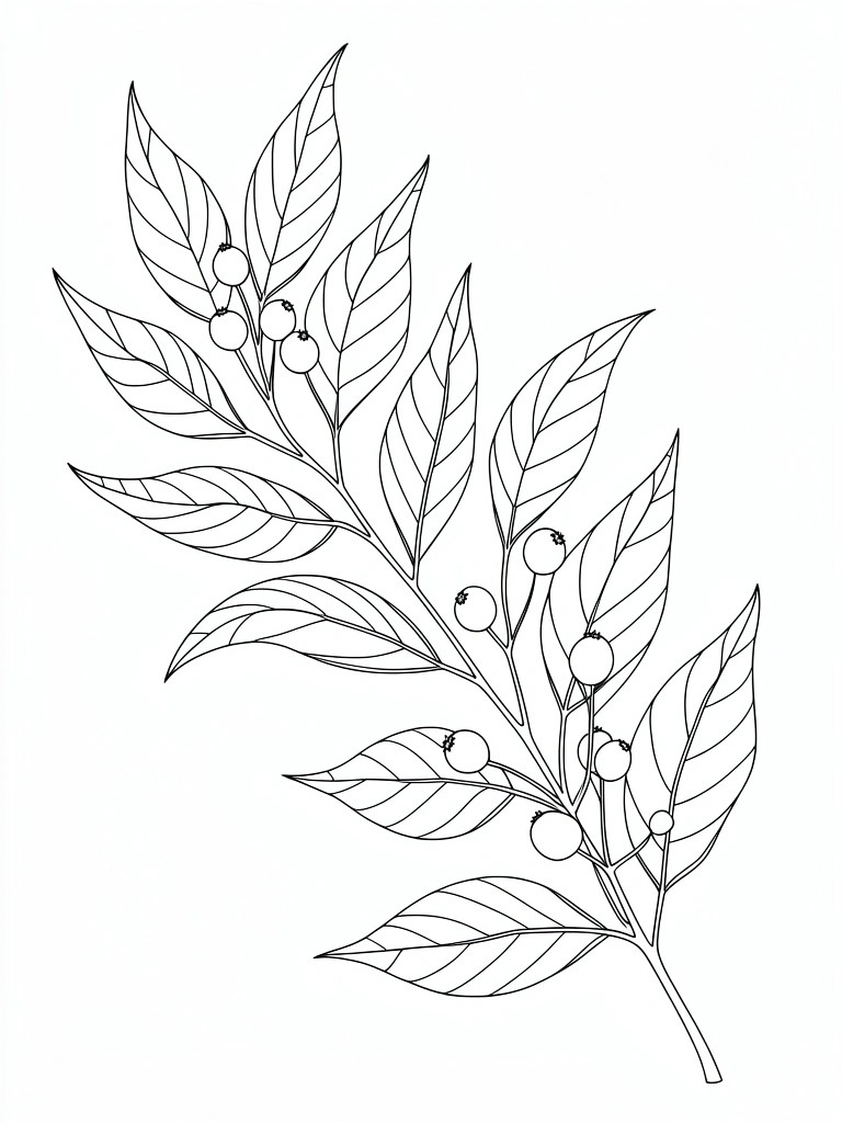 Monochrome line drawing of a leafy branch with clusters of round berries