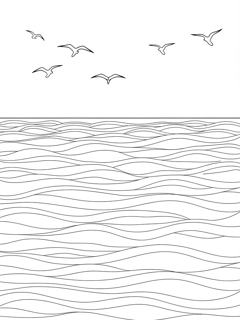 Line drawing of five birds flying above multiple rows of wavy lines representing water.