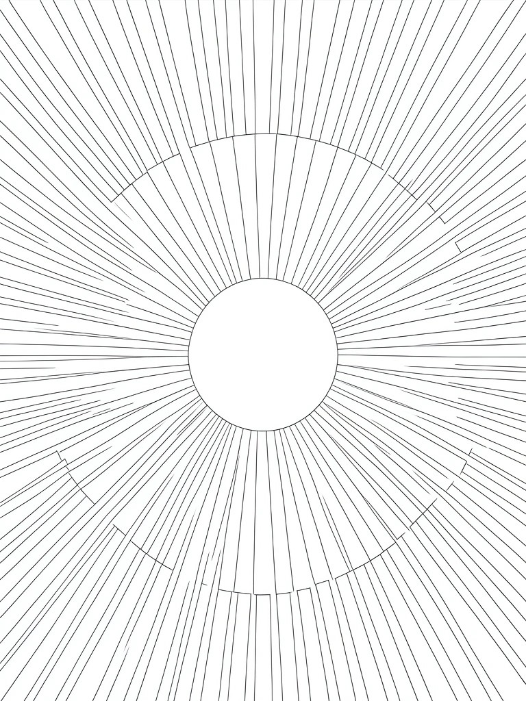 A black and white line drawing shows a central circle with straight rays radiating outward and several curved arcs crossing the rays at intervals.